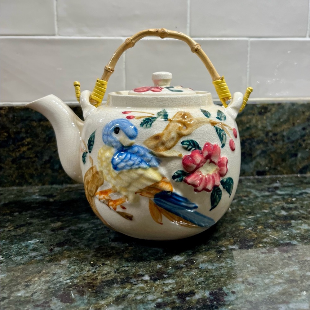 Floral Bluebird Teapot with Bamboo Handle